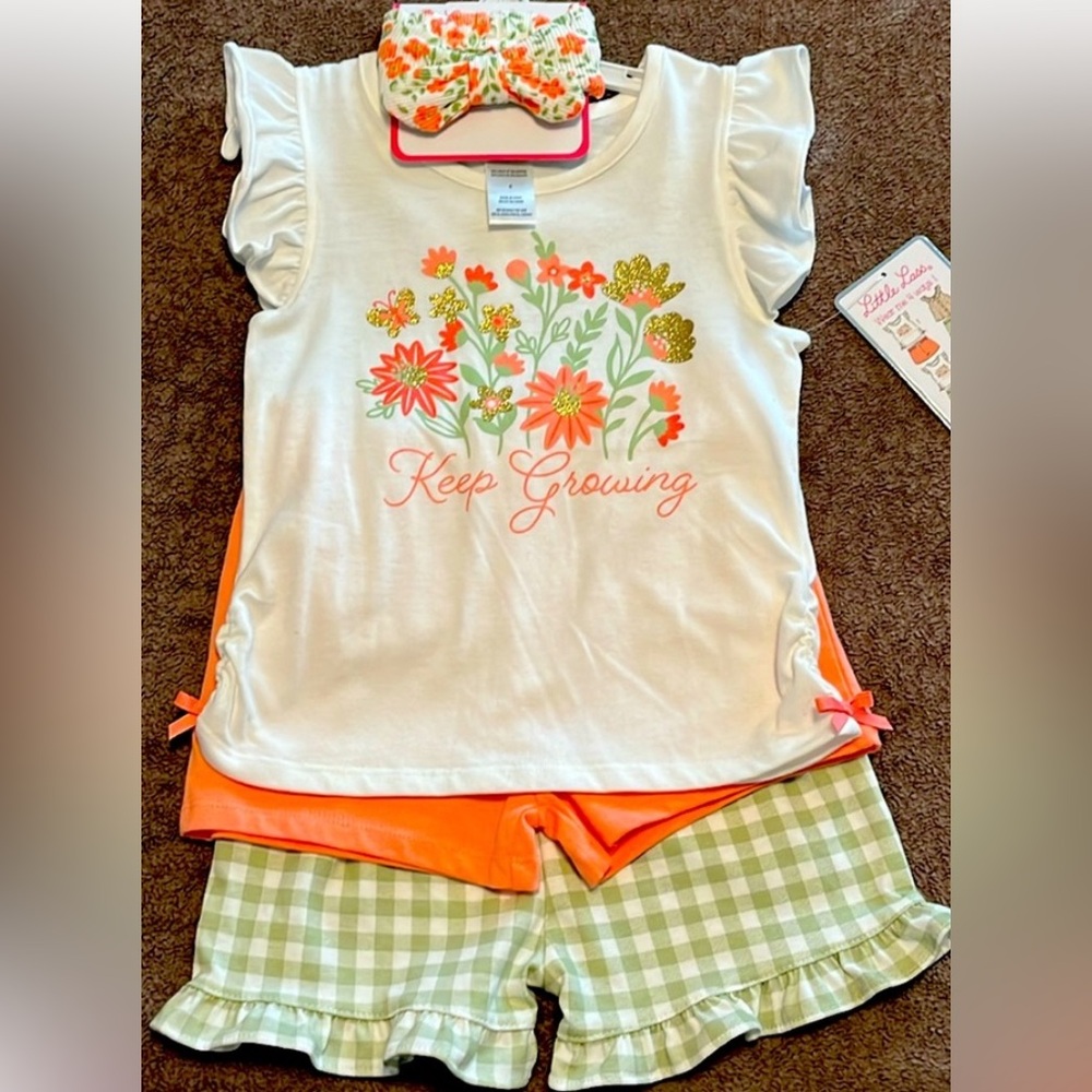 NWT 4 pc Little Lass Floral Top with headband,Green and Coral Shorts
